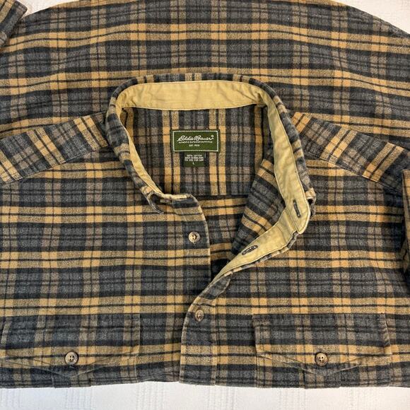 Eddie Bauer Mens L Shirt Flannel Heavy Button Up Gold Gray 100% Cotton - Picture 3 of 12